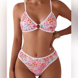 Floral Ring-Front Pink Women's Bikini Set